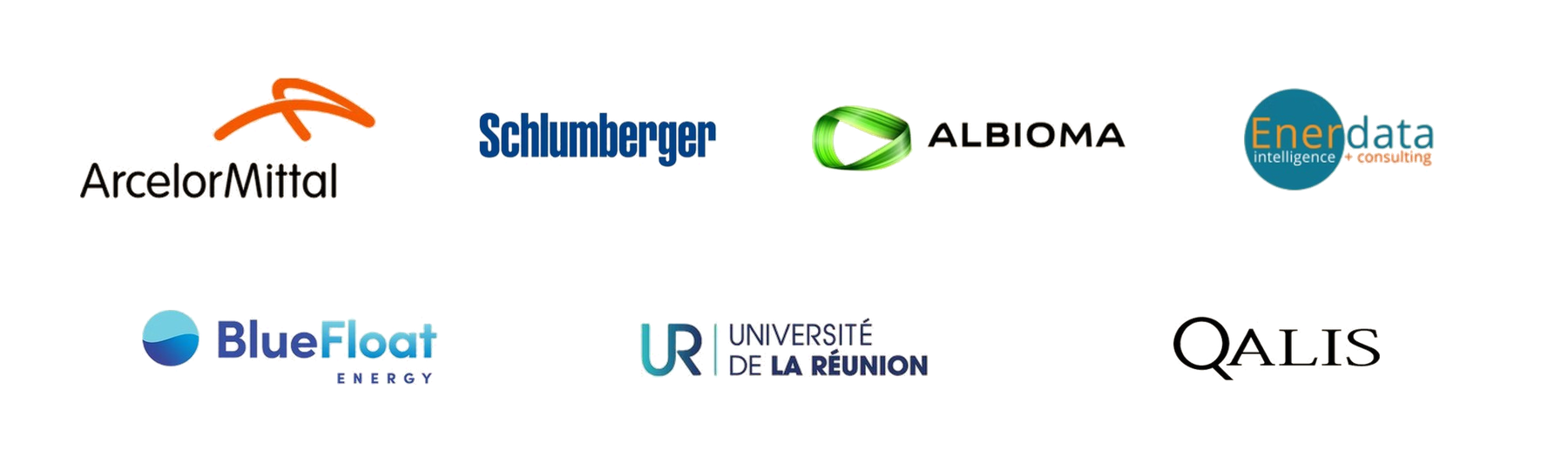 Logos des entreprises et organisations pour lesquelles Stéphane His est intervenu, ArcelorMittal, SLB, Albioma, Enerdata, BlueFloat Energy, Université de La Réunion et Qalis
