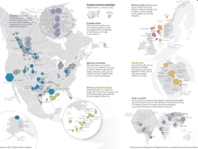 Carte des principaux sites de production de pétrole et de leur intensité carbone